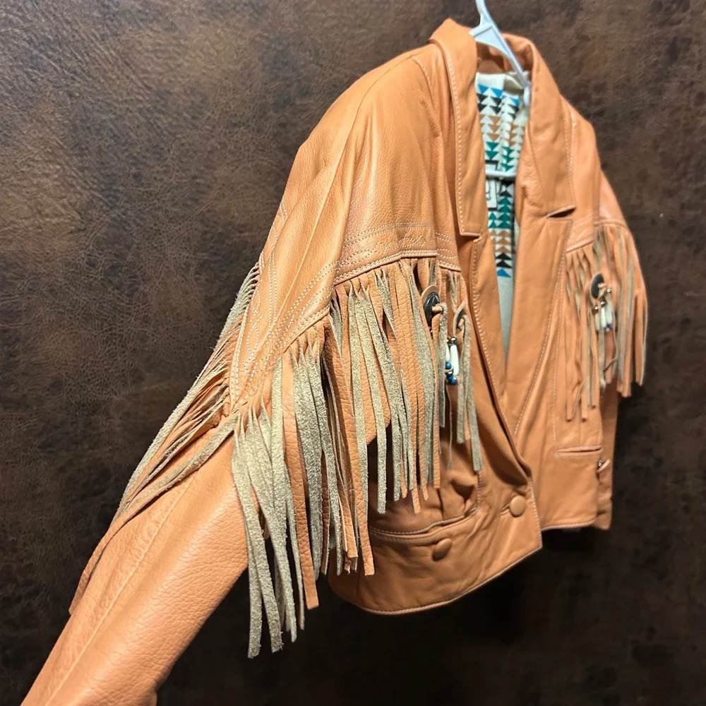 Lloyd's Leather Vintage Tassel Beaded Embroidered Lt Orange Short Jacket Small